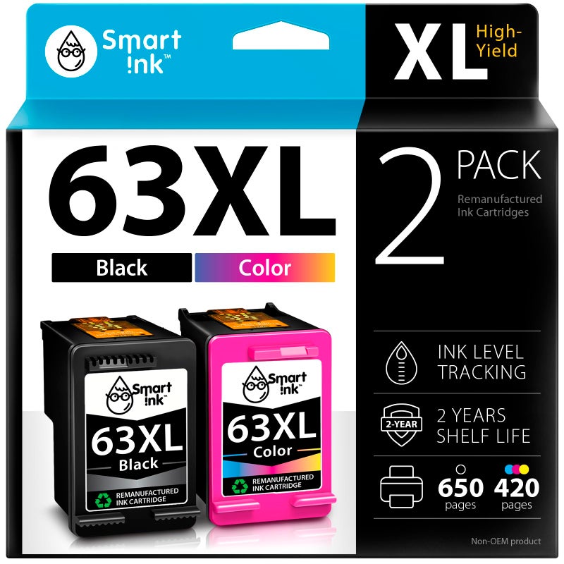 Smart Ink Remanufactured Ink Cartridges Replacement for HP 63 XL HP 63XL Black and Color 2 Combo Pack for Officejet 3830 4650 5255 5258 5200 4652 4655 Deskjet 3630 3632 1112 2132 Envy 4520 4512 3637 - Image 1